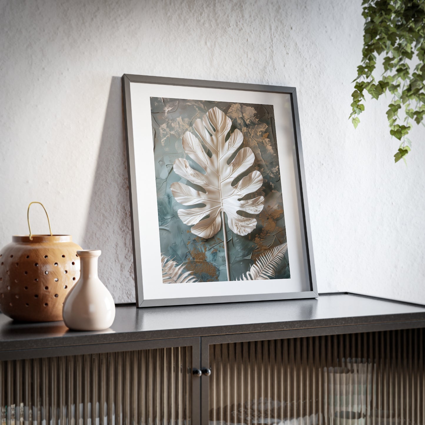 Framed Wall Art, Abstract White Leaf, Minimalistic Art