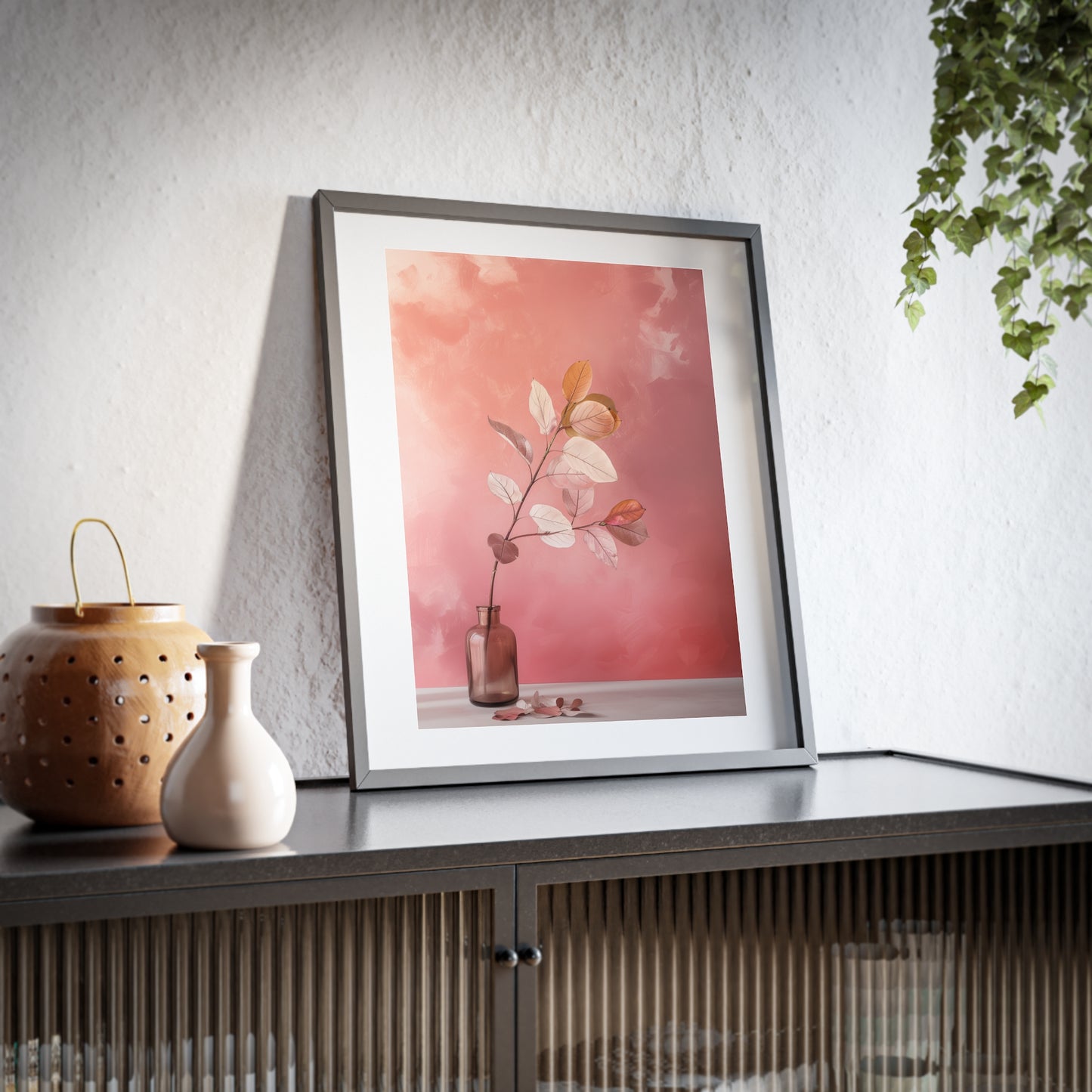 Framed Wall Art, Abstract Pink Plant, Minimalistic Art