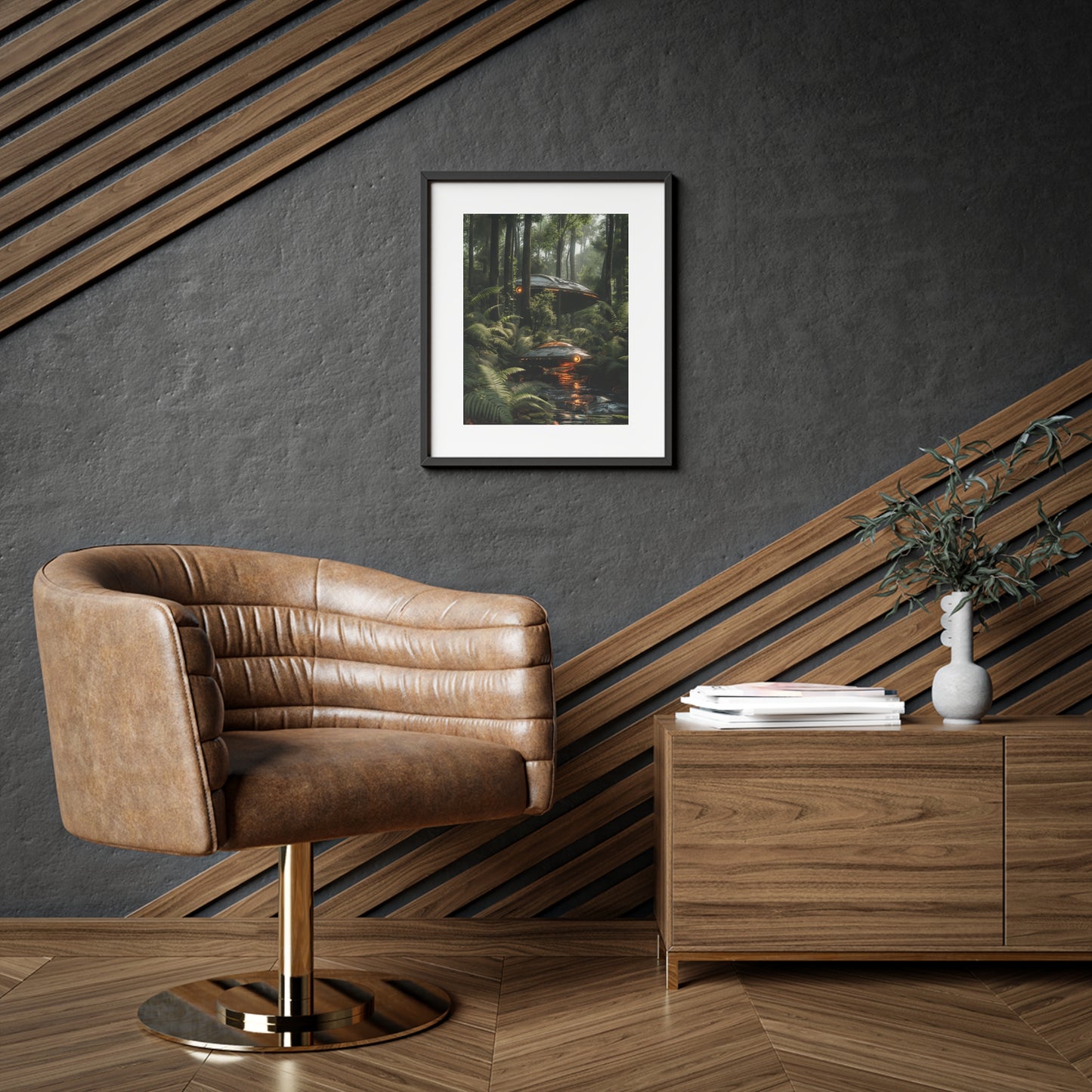 Sci-fi cinematic framed rectangular Wall art posters, Spaceship in Tropical Forest Artwork 2