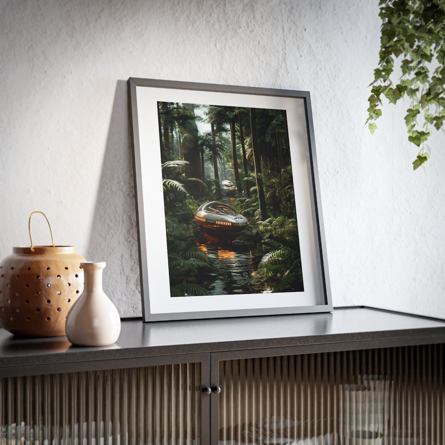 Sci-fi cinematic framed rectangular Wall art posters, Spaceship in Tropical Forest Artwork 3