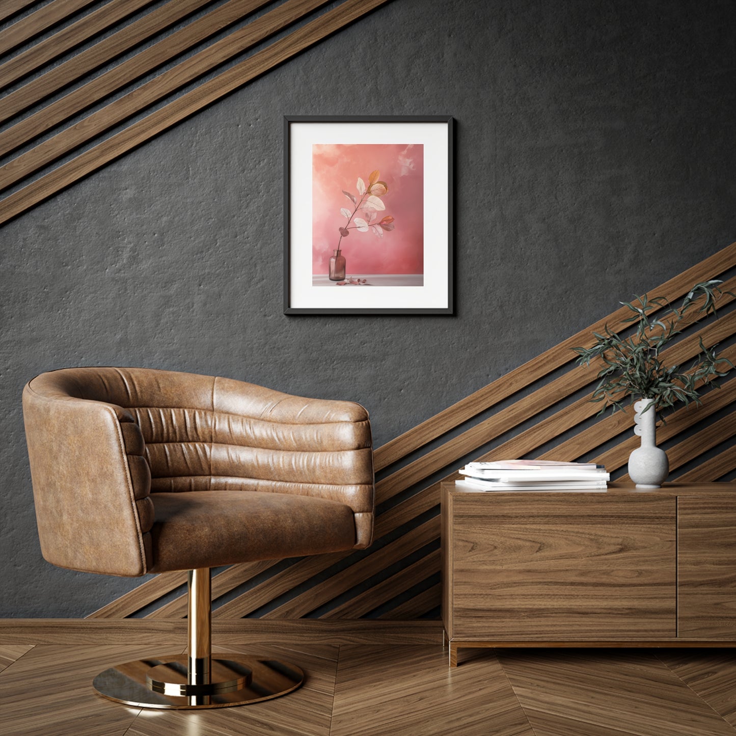 Framed Wall Art, Abstract Pink Plant, Minimalistic Art